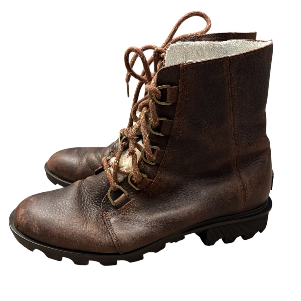 SOREL Womens NL3416 Phoenix Lace Up Cozy Sherpa Leather Brown Boots Size 9.5